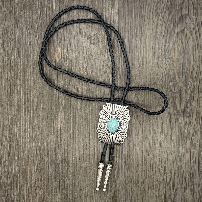 YOQUCOL Vintage American Western Cowboy Indian Art Stone Genunie Leather Bolo Tie For Men Women - Image 3